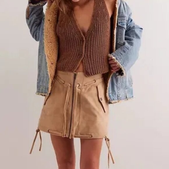 Free People Sierra Mini Skirt Womens 2 Beige Suede Country Western Boho Festival - Picture 1 of 8
